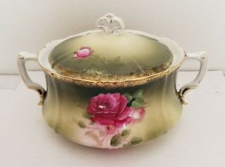 Antique P T Germany Wheelock Porcelain Soup or Serving Bowl w/ Lid Pretty Roses 3