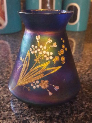 Iridescent Art Nouveau Enameled Vase Attributed To Loetz 4 " 1900s