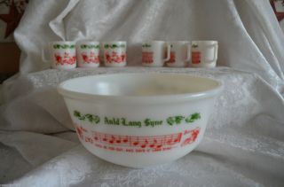 Vintage Hazel Atlas Milk Glass Tom & Jerry Christmas Punch Bowl Mug Cup Set Euc