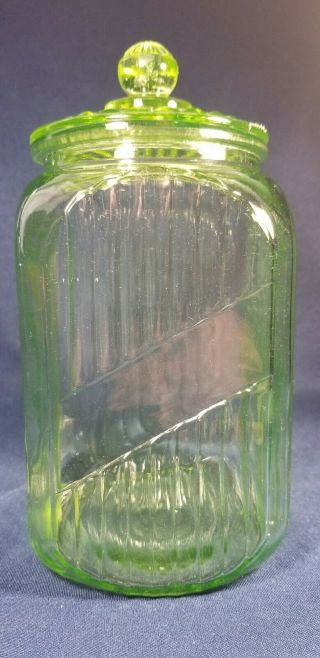 Vtg Hocking Green Glass Hoosier Jar W/Lid Apothecary 1920s - 1930s 2
