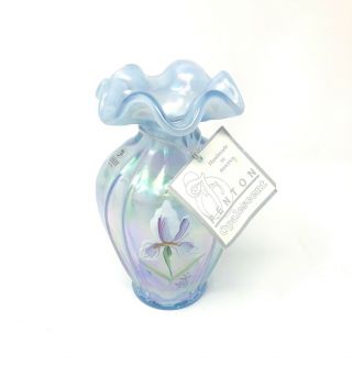 Fenton Blue Iridescent Art Glass 11 " Hand Painted Bearded Iris Ribbed Vase