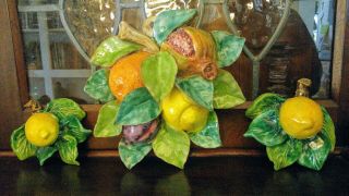 Set Vintage Italian Majolica Pottery Wall Plaques Art Fruit Lemon Pomegranate