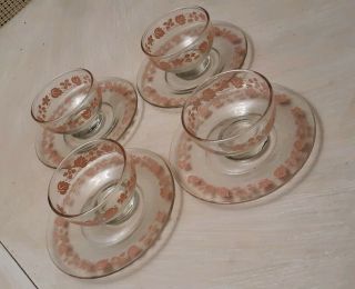 Vtg Pyrex Gooseberry Pattern Clear Glass W/pink Design 4 Saucers/4 Berry Bowls