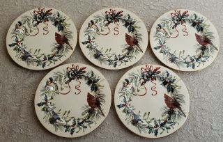 5 Lenox Winter Greetings Salad Plates 8 " Cardinal Birds Holly Berry Ribbon Mcclu