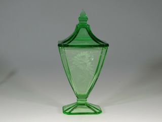 Vintage Deco Depression Glass Green Rectangular Candy Jar Floral Cut C.  1935
