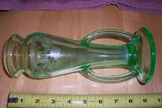 Vaseline Uranium Glass Vase Green,  Etched,  8 1/4 " Tall