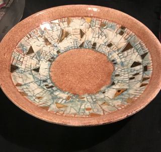 Sascha Brastoff Ceramic Mosaic Footed Bowl M8 Tan,  Gold,  Green 11 "