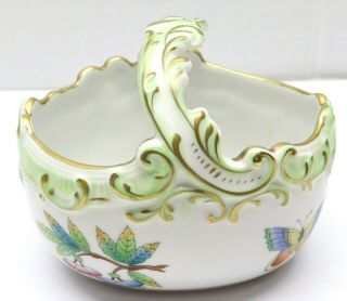 Herend Hungary Porcelain Oval Basket W/handle 7457 White/multicolor/gold Trim