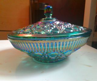 Vtg Carnival Glass Covered Dish Green Blue Irridescent 7.  5 " Wide