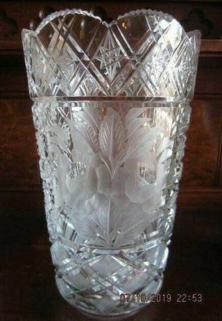 Antique Cut / Etched Floral And Frosted Design On Crystal Vase 10 " Tall Lovely