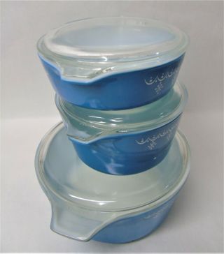 3 Vintage Pyrex Blue Snowflake Garland Casserole / Baking Dishes with Lids s181 3