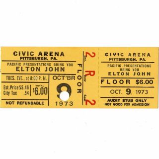 Elton John Concert Ticket Stub Pittsburgh 10/9/73 Goodbye Yellow Brick Road Tour