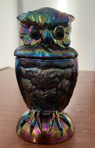 Vintage Imperial Amethyst Iridescent Carnival Glass Owl Candy Jar Lidded Dish