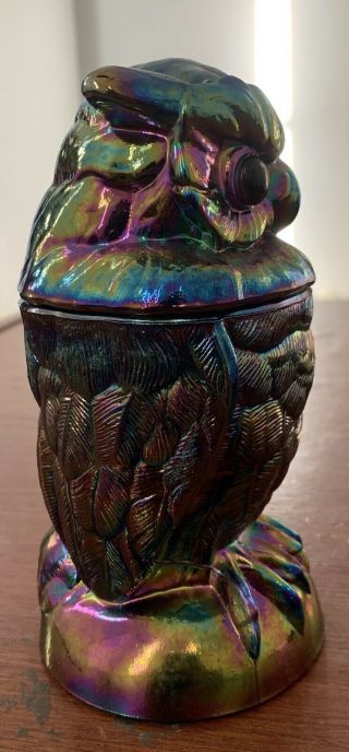 VINTAGE IMPERIAL AMETHYST IRIDESCENT CARNIVAL GLASS OWL Candy Jar Lidded Dish 2