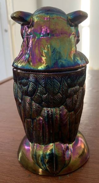 VINTAGE IMPERIAL AMETHYST IRIDESCENT CARNIVAL GLASS OWL Candy Jar Lidded Dish 3