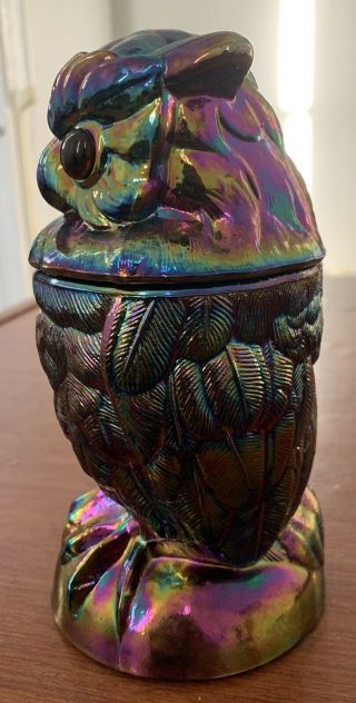 VINTAGE IMPERIAL AMETHYST IRIDESCENT CARNIVAL GLASS OWL Candy Jar Lidded Dish 4