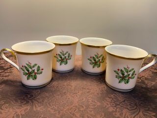 Set Of 4 Lenox Holiday Mugs / Cups Ivory Porcelain With Gold Trim And Holly H349