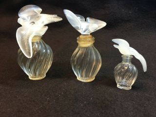 3 Vintage Lalique Perfume Bottles By Nina Ricci,  Signed,  