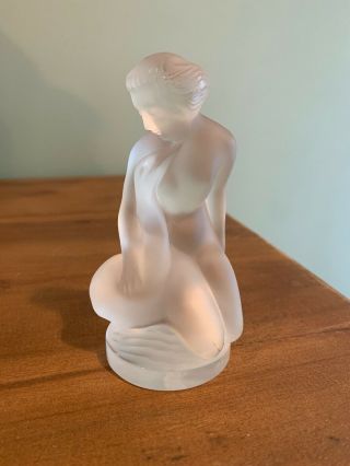 Lalique France Signed " Floreal " Nude Woman Kneeling With Goose Frosted Figurine