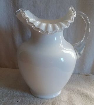 Vintage Fenton Art Glass Silvercrest Ruffle Edge 9 " Milkglass Water Pitcher