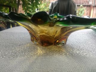Vintage Large Mcm Murano Art Glass Dish Bowl Hand Blown Green Amber 10 " X3 "
