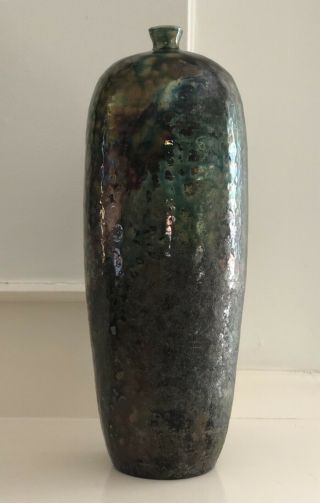 Modernist Raku Studio Pottery Weed Pot Vase Green Blue Iridescent Signed Tf ‘99