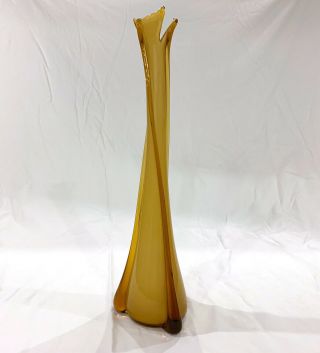 Retro Mid Century Hand - Blown Art Glass Vase Amber Unique Opaque