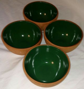 4 Romertopf Terra Rosa Green Cereal Chili Bowls 6 " X 3 " Reco Mexico Glazed Clay