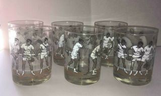 Vintage Mid Century Cora/cera " The Forehand " Tennis Barware Glasses Set Of 6
