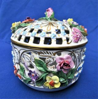 Carl Thieme Dresden Hand Painted Floral Encrusted Reticulated Potpourri Box Bowl