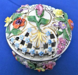 Carl Thieme Dresden Hand Painted Floral Encrusted Reticulated Potpourri Box bowl 2