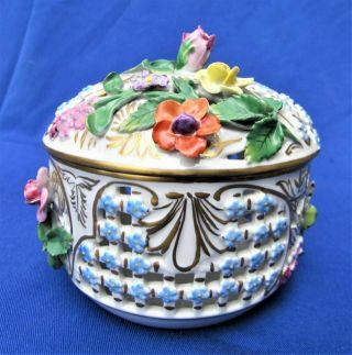 Carl Thieme Dresden Hand Painted Floral Encrusted Reticulated Potpourri Box bowl 3