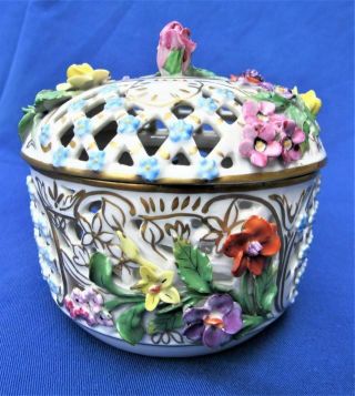 Carl Thieme Dresden Hand Painted Floral Encrusted Reticulated Potpourri Box bowl 4