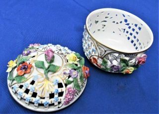 Carl Thieme Dresden Hand Painted Floral Encrusted Reticulated Potpourri Box bowl 5