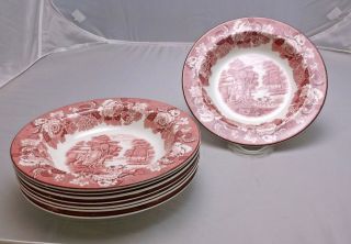 8 Vintage Enoch Woods Woods Ware English Scenery 7 3/4 " Soup Bowls,  Red Pink