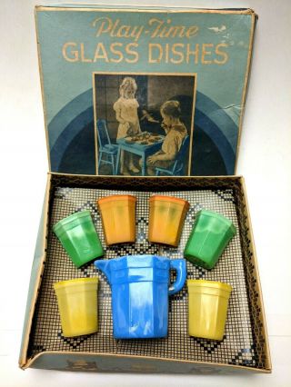 Vtg Akro Agate Play Time Glass Dishes 112 Water Set Glasses Colored Cups W/ Box