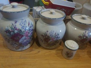 HOME AND GARDEN PARTY USA FLORAL STONEWARE CANISTERS SET OF 4 W/LIDS (RETIRED) 3