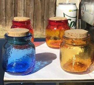Rare Vintage Set Of 4 Mcm Blenko? Art Glass Canisters/jars W/ Cork Stoppers 3.  5”