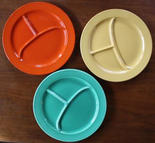 4 Vintage Fiesta Compartment Plates 10 1/2 " Red,  Yellow,  Green,  Colbalt