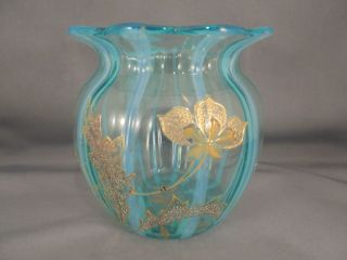 Old Antique Blue Opalescent Striped Art Glass Rose Bowl Vase W Gold Floral Decor
