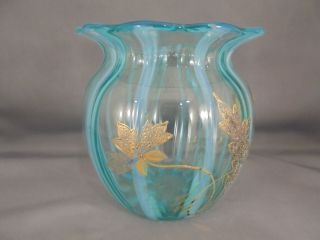 Old Antique Blue Opalescent Striped Art Glass Rose Bowl Vase w Gold Floral Decor 2