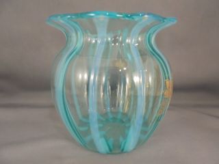 Old Antique Blue Opalescent Striped Art Glass Rose Bowl Vase w Gold Floral Decor 3