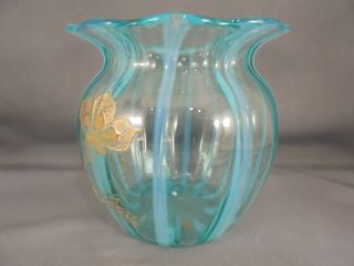 Old Antique Blue Opalescent Striped Art Glass Rose Bowl Vase w Gold Floral Decor 5