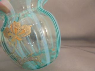 Old Antique Blue Opalescent Striped Art Glass Rose Bowl Vase w Gold Floral Decor 7