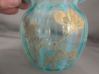 Old Antique Blue Opalescent Striped Art Glass Rose Bowl Vase w Gold Floral Decor 8