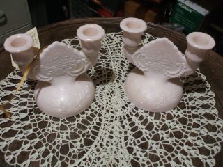 Jeanette Shell Pink Milk Glass Double Candle Holder Lombardi Pattern