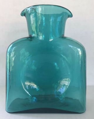 Vintage Blenko Glass Water Bottle Aqua Double Spout 8” Hand Blown