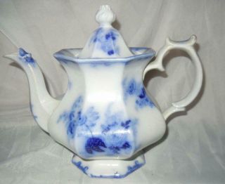 Very Early Circa 1850 9 1/2 " Antique Ironstone Flow Blue Coffee Pot Teapot