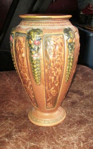 Wow Early Antique Roseville Art Pottery Brown Florentine 10.  5in Tall Vase Old R