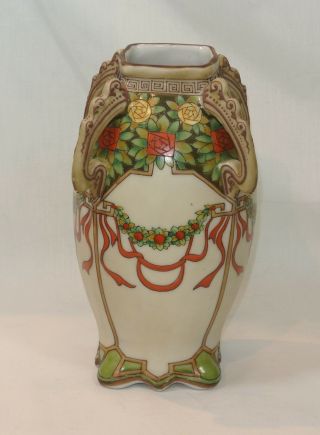 Antique Nippon Porcelain Vase Art Deco Flowers Red Ribbons Moriage Four Handles